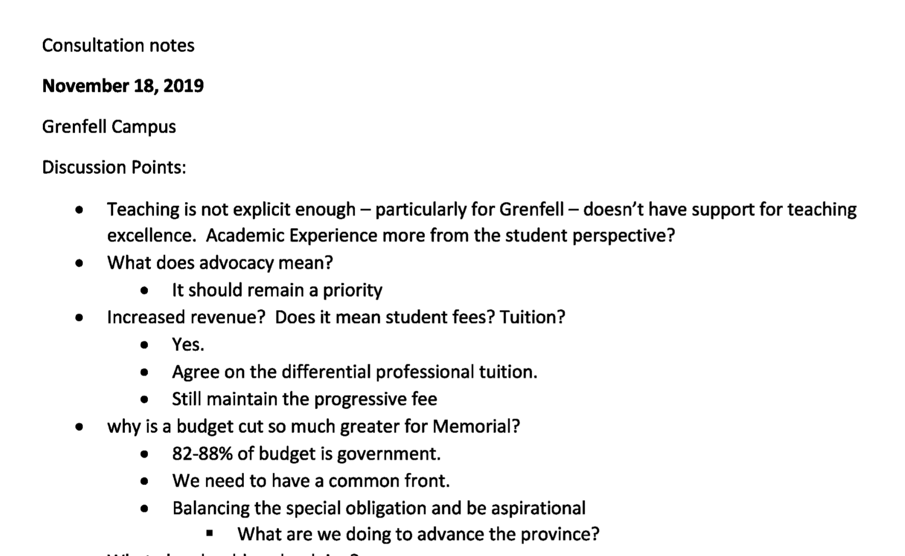 MUN November 2019 Budget Consultation Notes 