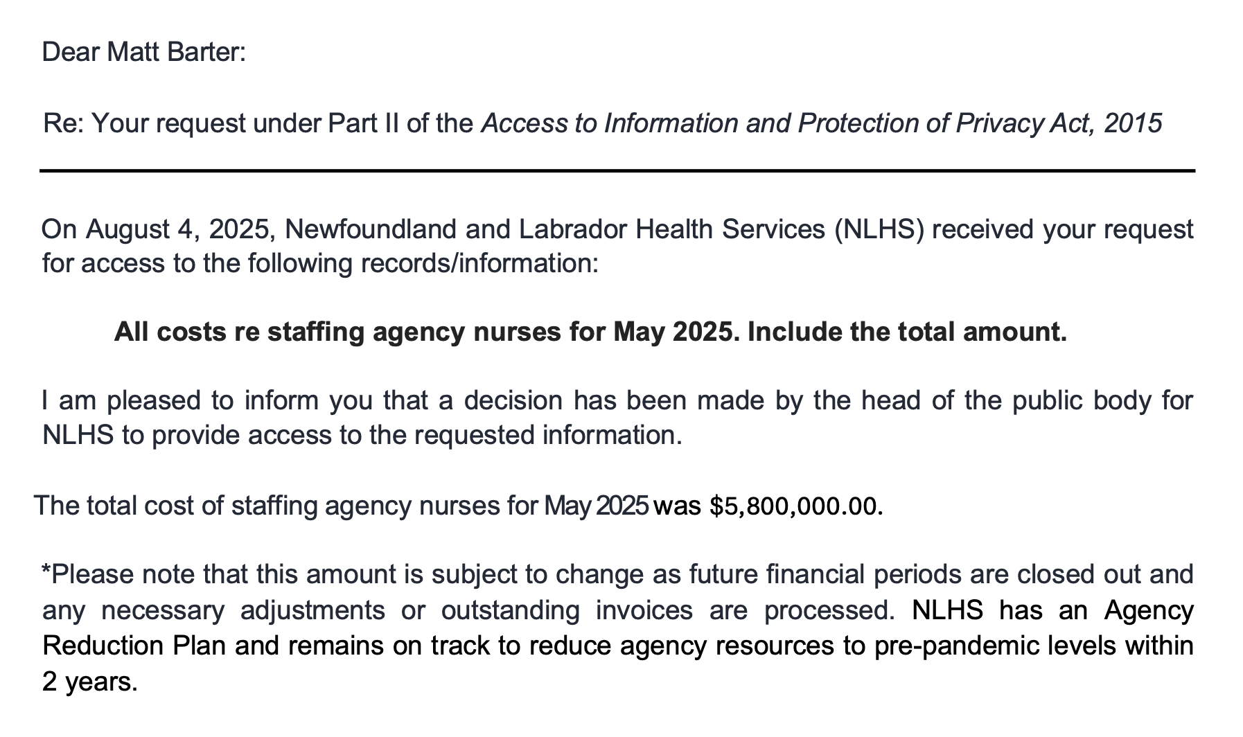 NL Health Services spent $5.8 million on agency nurses in May 2025