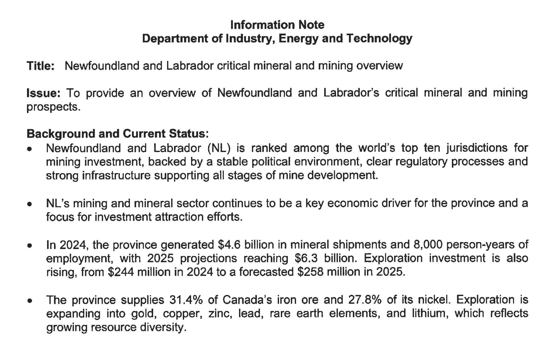 NL Department of Industry briefing materials for June 2025