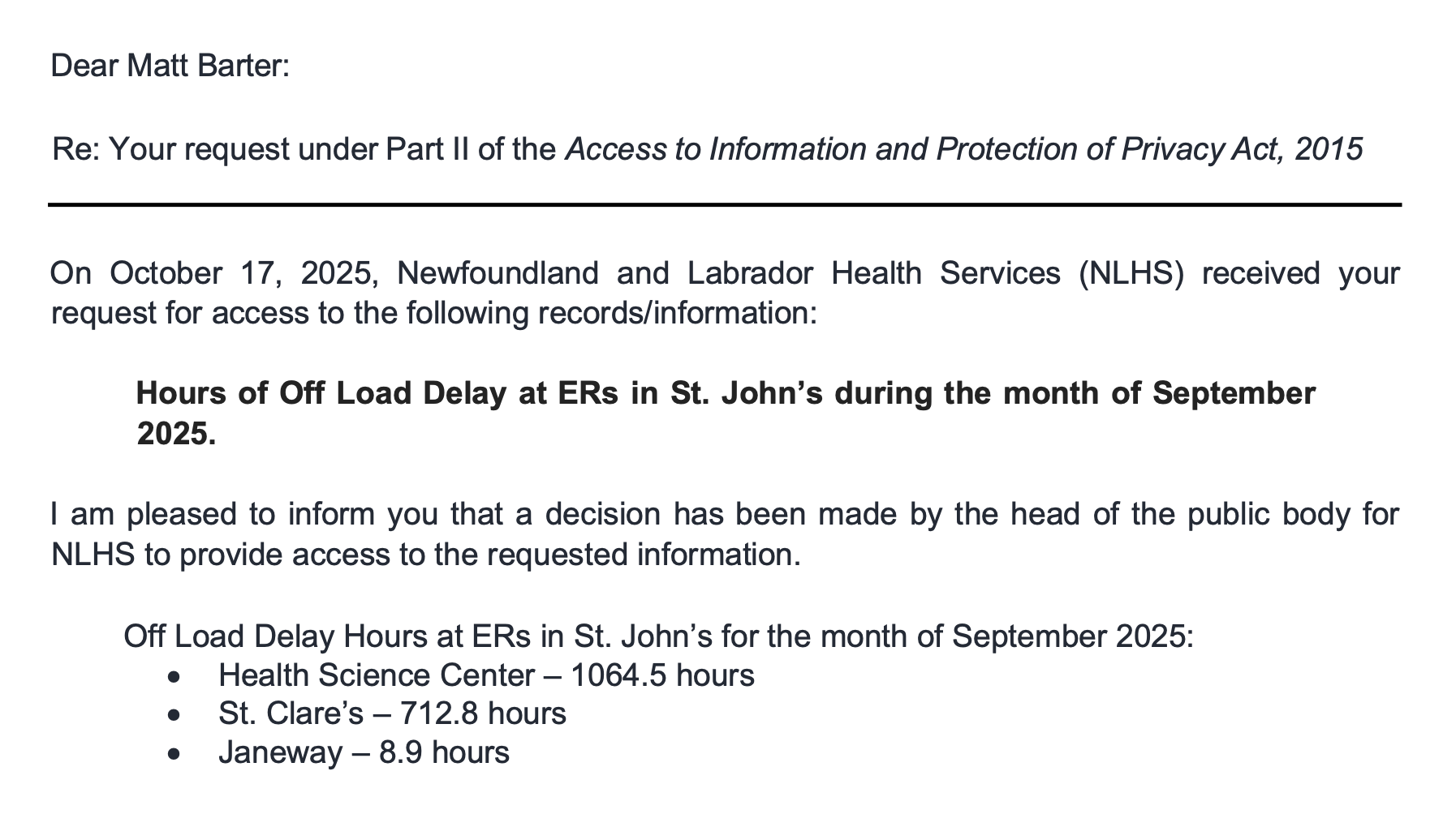 1,786.2 Hours of Ambulance Off-Load Delay at ERs in St. John’s in September 2025