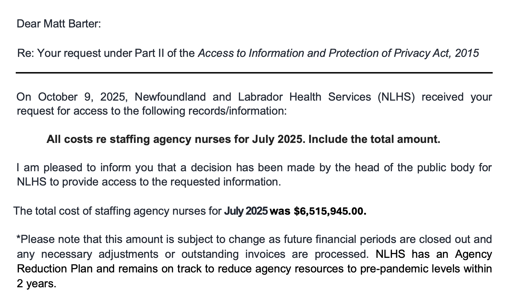 NL Health Services spent $6.5 million on agency nurses in July 2025