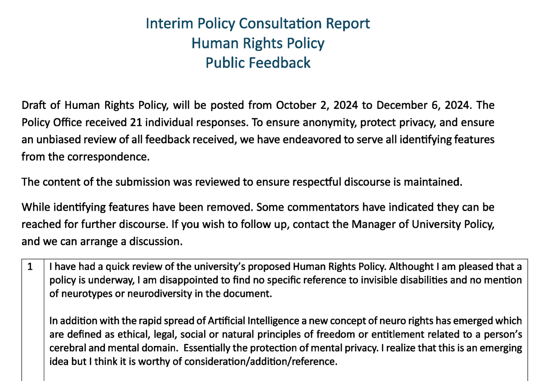 MUN Human Rights Policy Consultation Report 