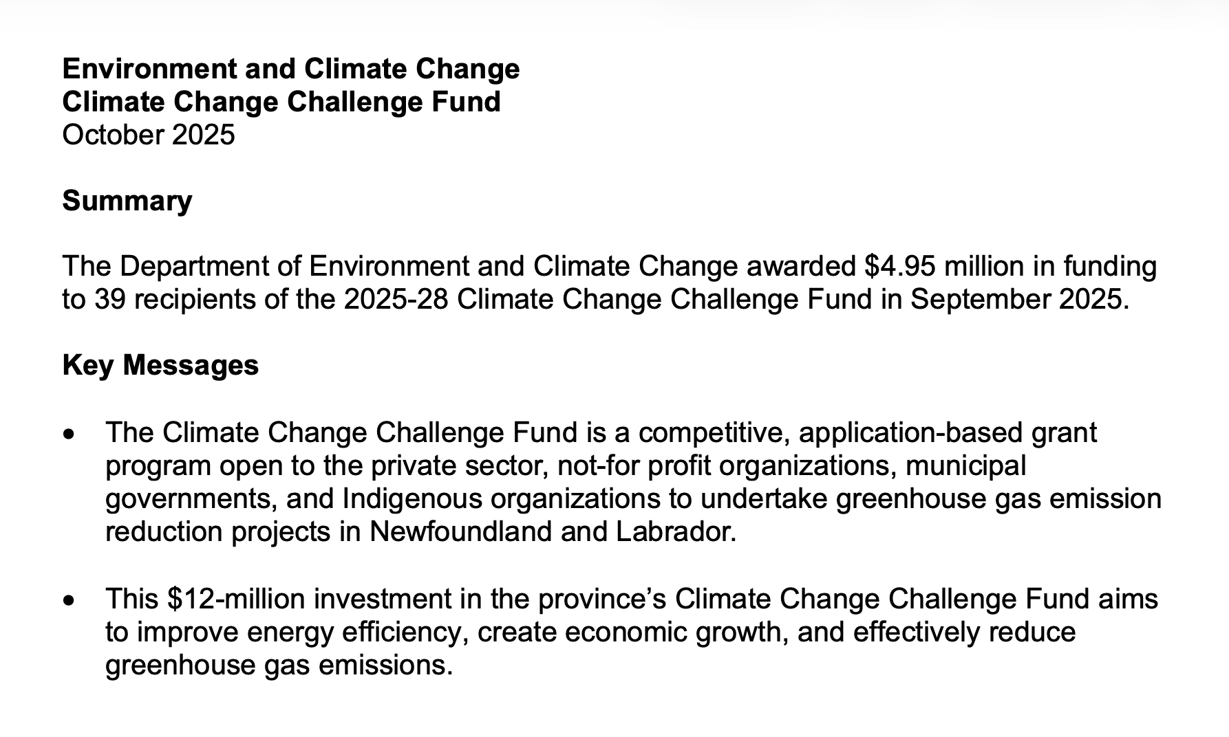 NL Department of Environment briefing materials for October 2025