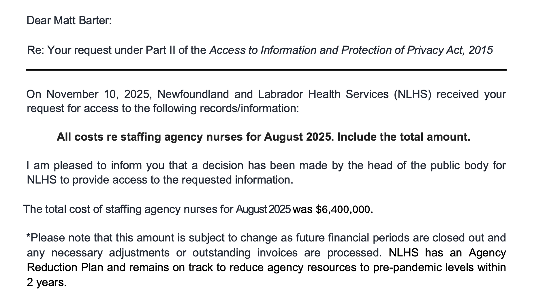 NL Health Services spent $6.4 million on agency nurses in August 2025