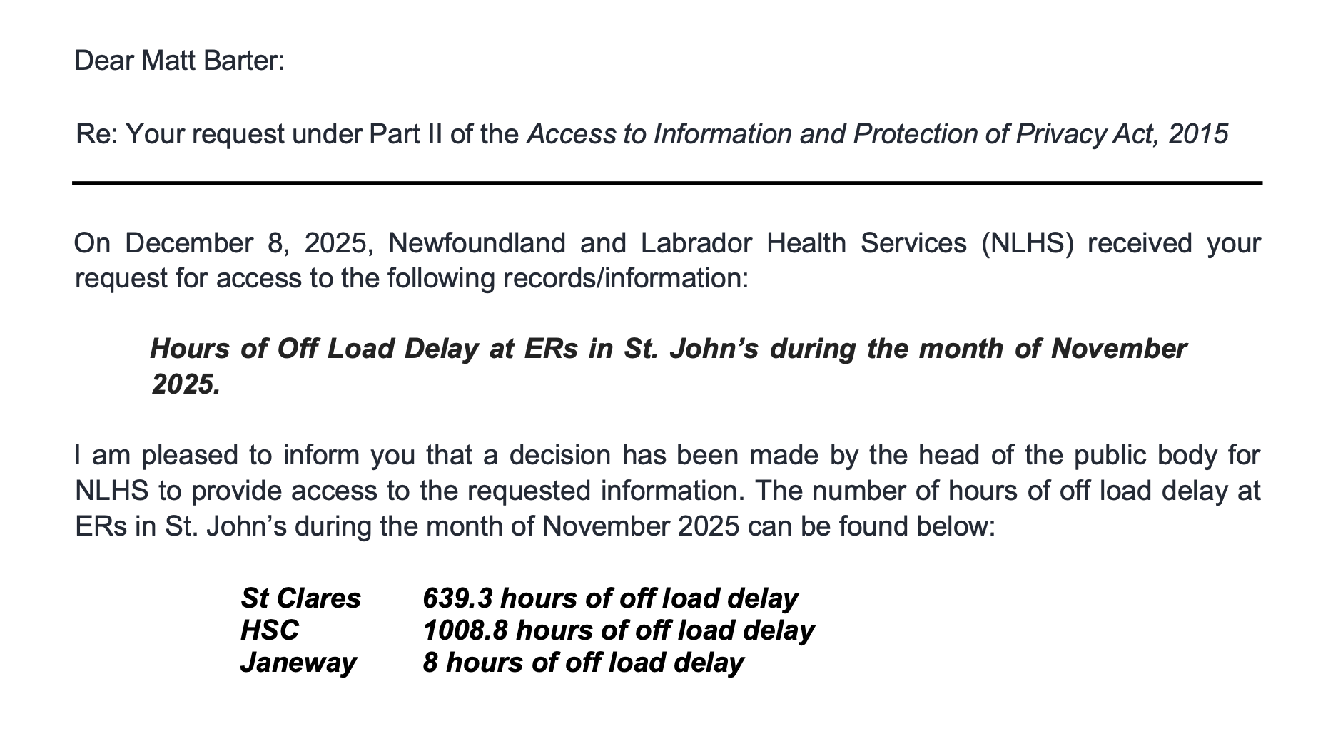 1,656.1 Hours of Ambulance Off-Load Delay at ERs in St. John’s in November 2025