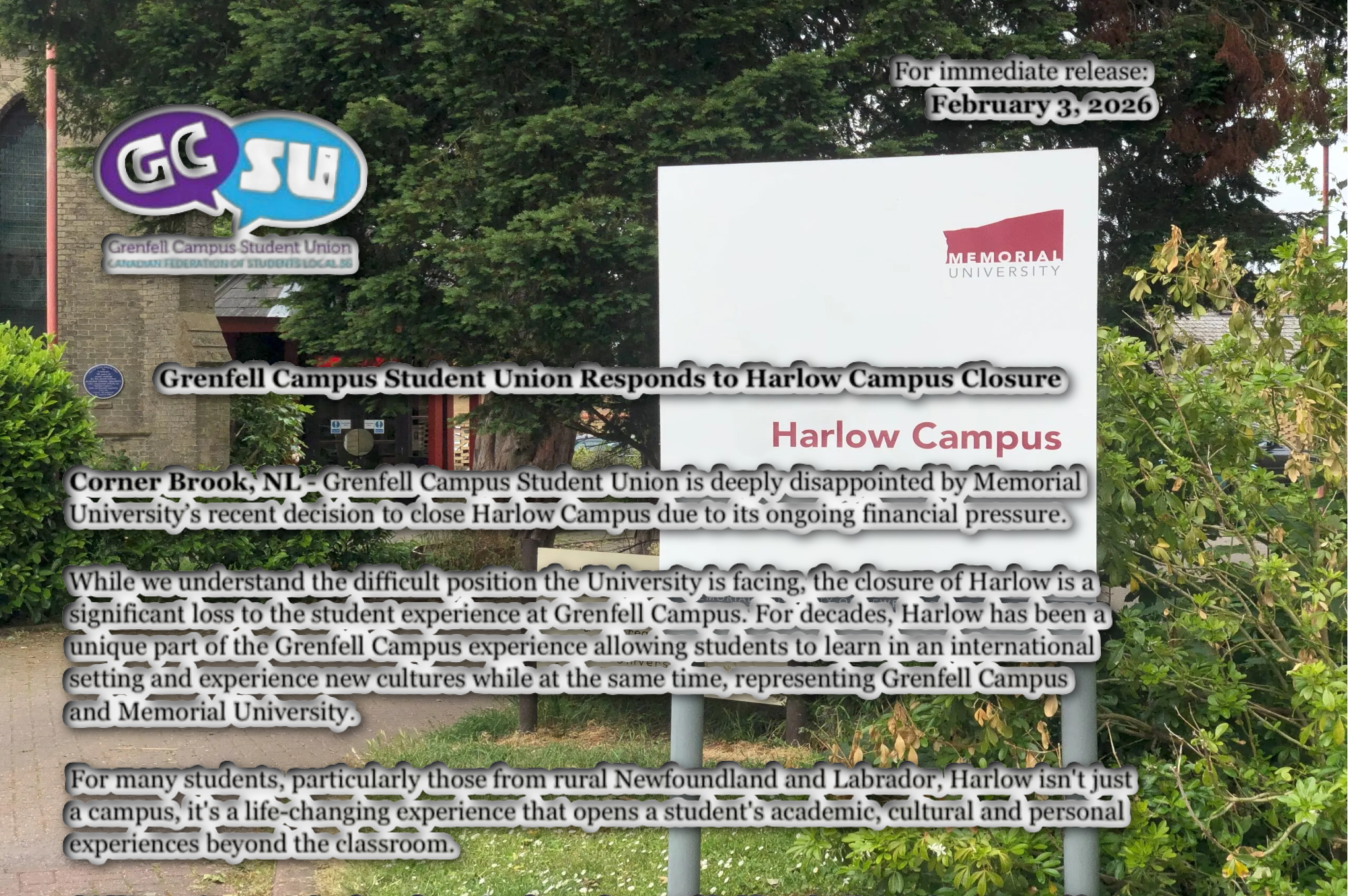 GCSU “Deeply Disappointed” by MUN’s Decision to Close UK Harlow Campus