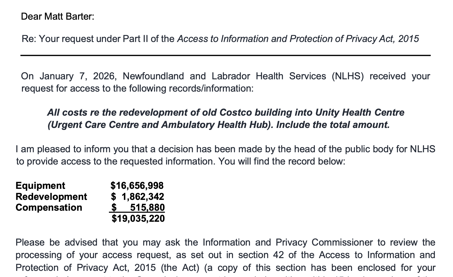 NLHS Spent Over $19 Million on Redevelopment of Old Costco Building into Unity Health Centre