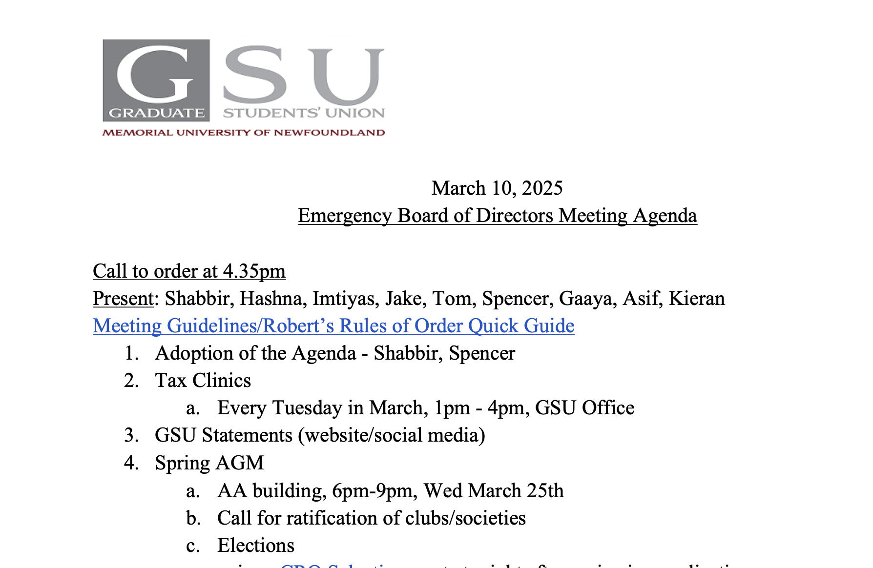GSU Meetings Minutes for February 16, February 25, and March 10 