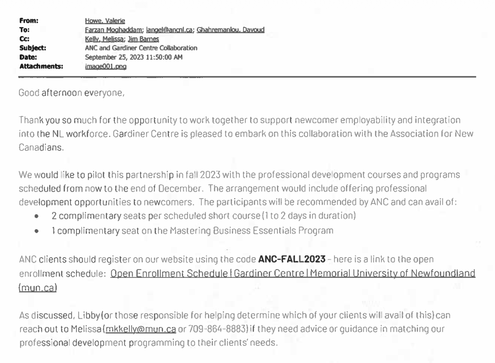 MUN Partnership with ANC Newcomer Entrepreneurship Training Program: Emails 