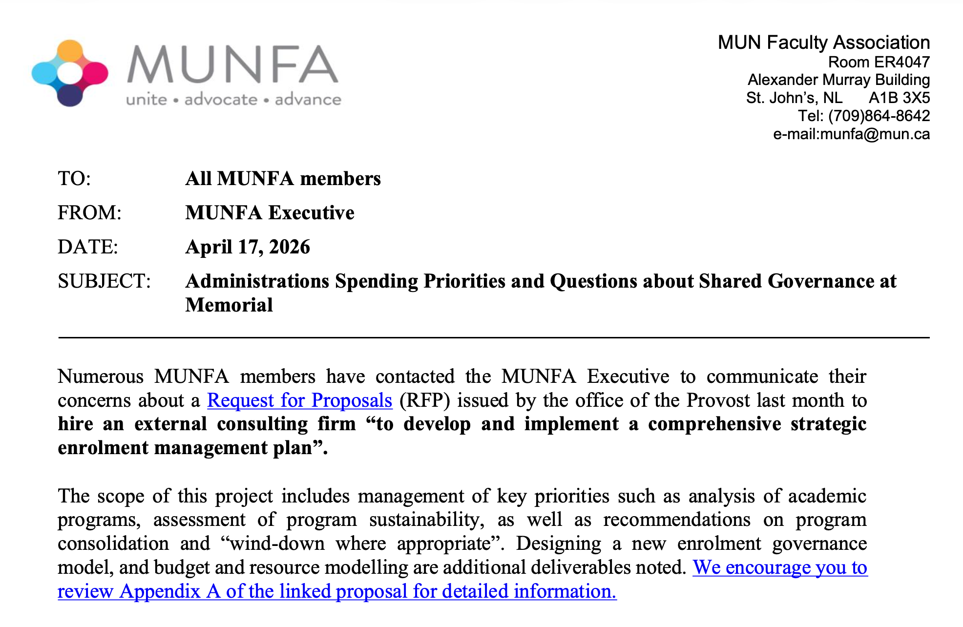 MUNFA Questions Administration’s Use of External Consultants Amid Layoffs  