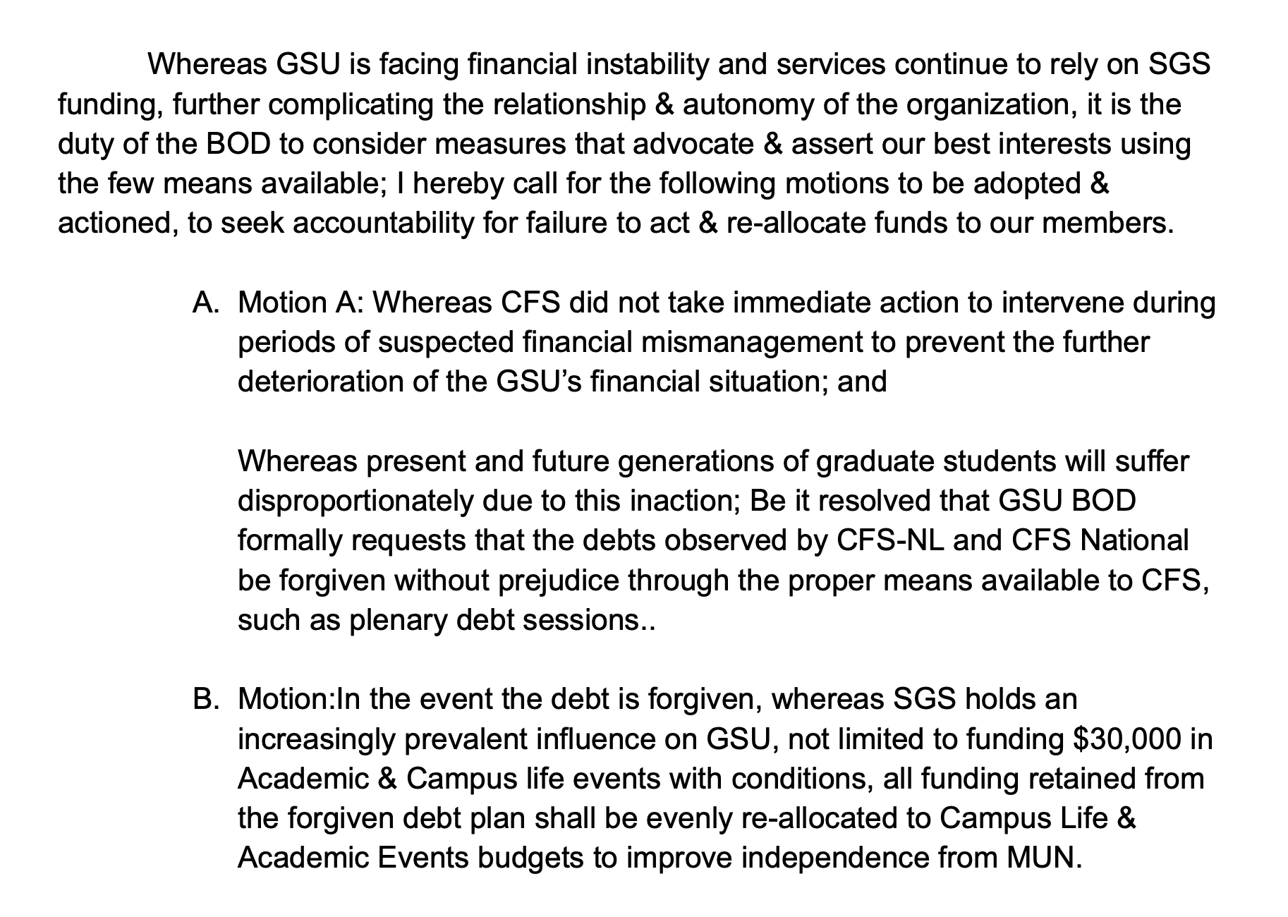 GSU Requests Debt Forgiveness From CFS 