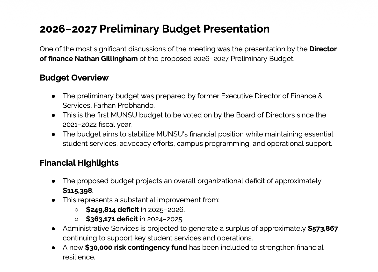 MUNSU Projects $134K Deficit Reduction After Cutting CHMR