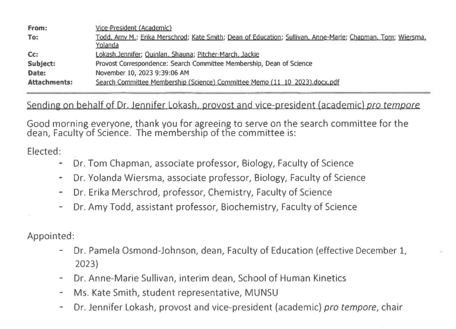 MUN Science Dean Search Committee Members’ Inboxes 