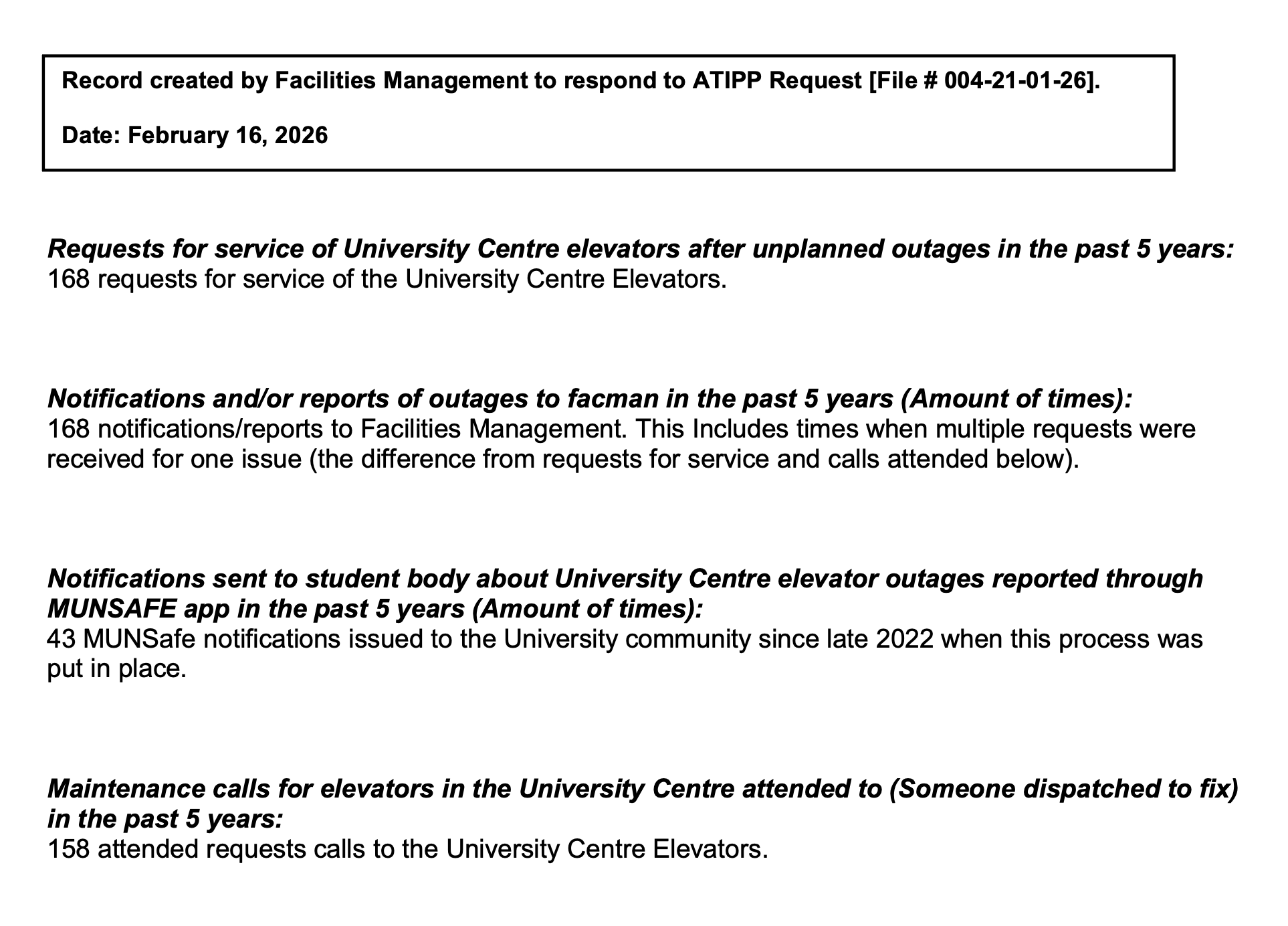 MUN Received 168 University Centre Elevator Outage Reports Over Five Years 