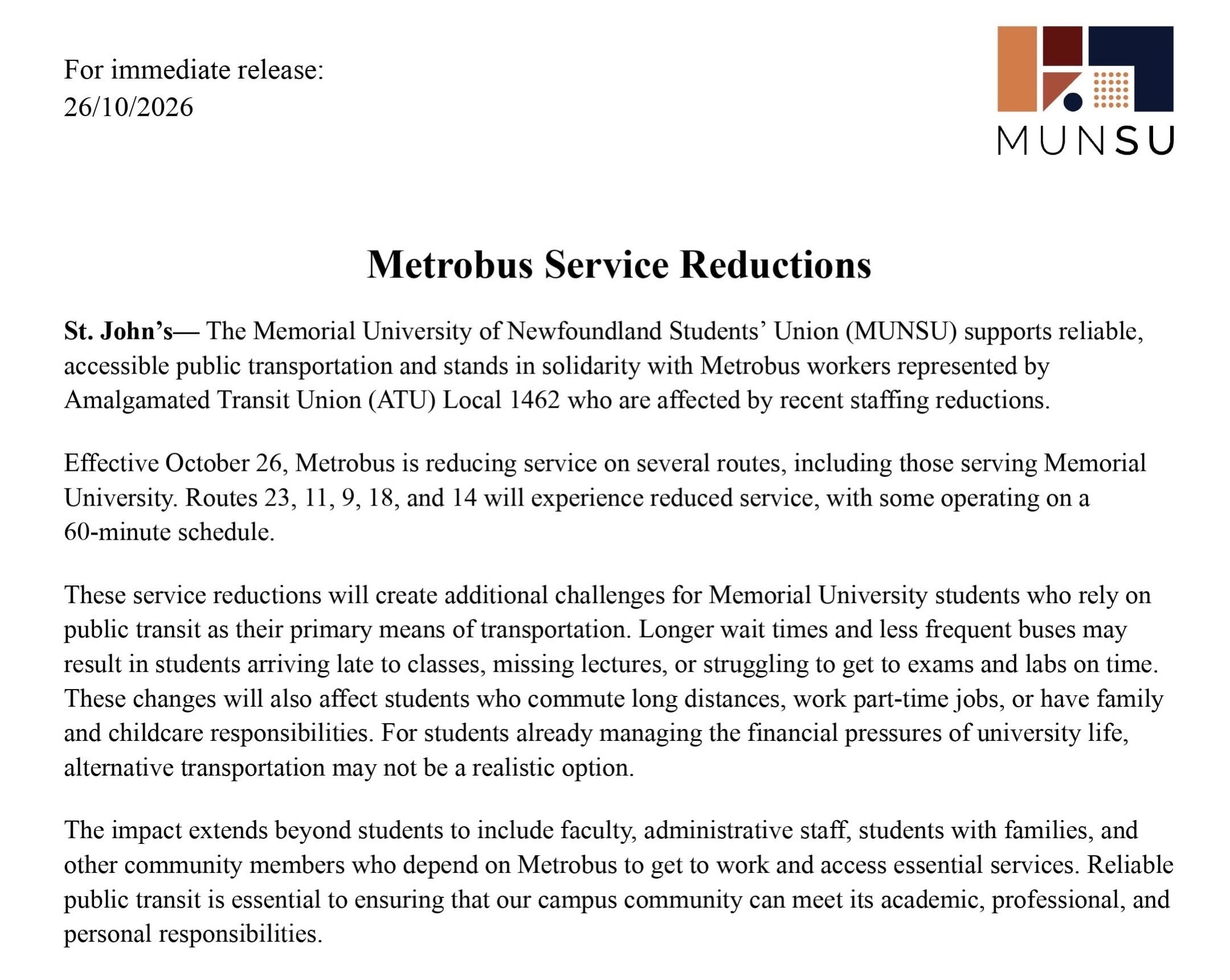 MUNSU Raises Concerns Over Metrobus Service Reductions