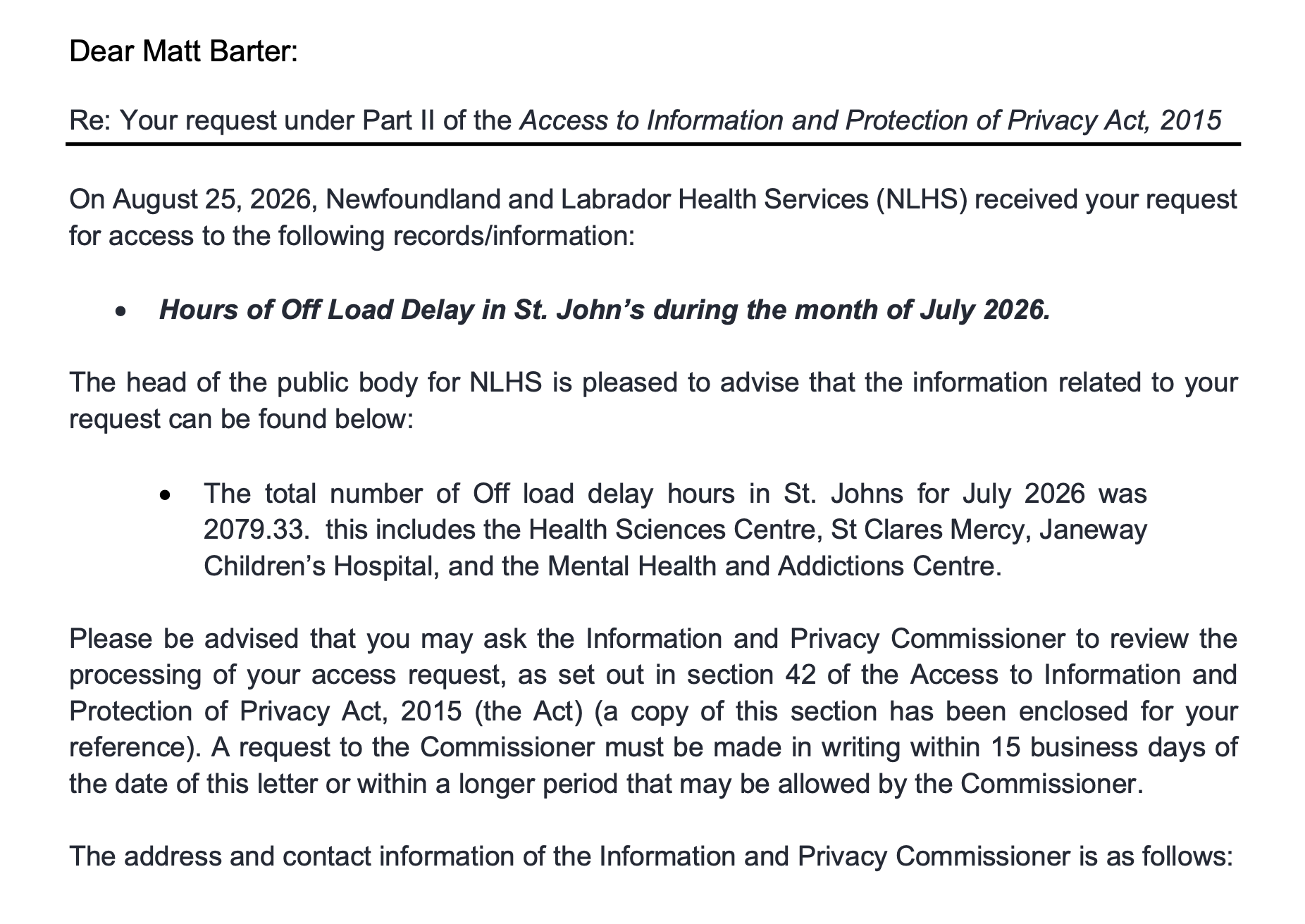 2,079.33 Hours of Ambulance Off-Load Delay at Emergency Rooms in St. John’s in July 2026