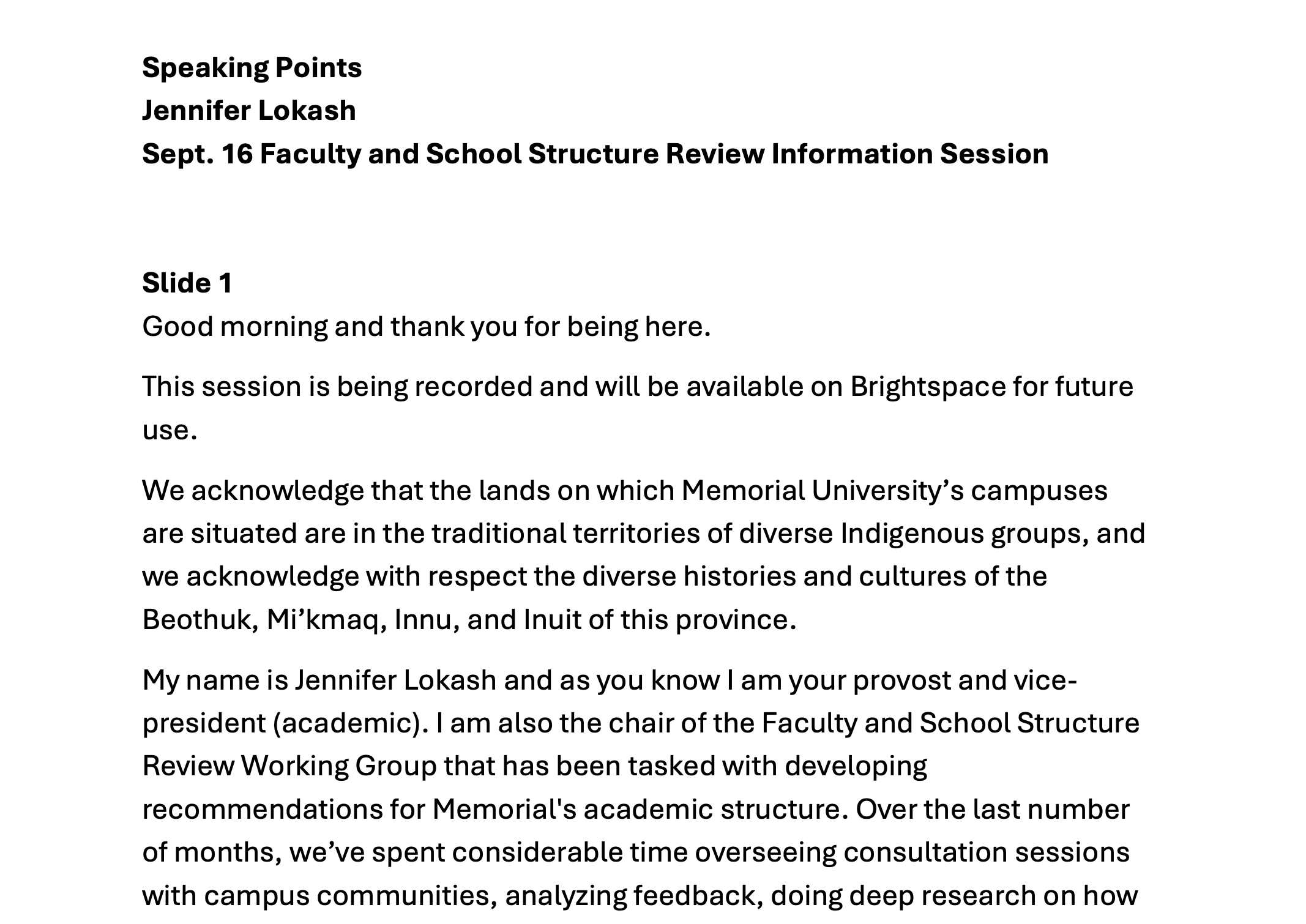 MUN Faculty and School Structure Review Town Speaking Notes